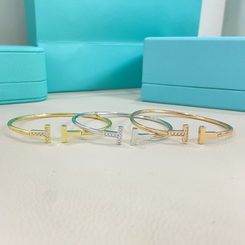 蒂芙尼手鐲 新品光面間鑽雙T手鐲