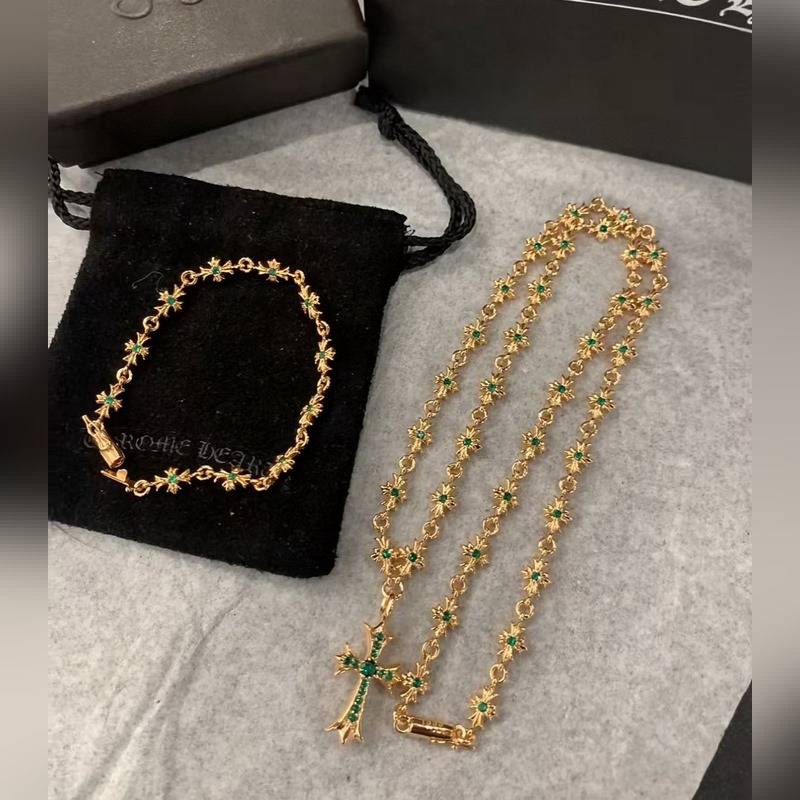 [原單對版]手鍊+項鍊 Chrome Hearts克羅心祖母綠項鍊，手鍊，凹凸造