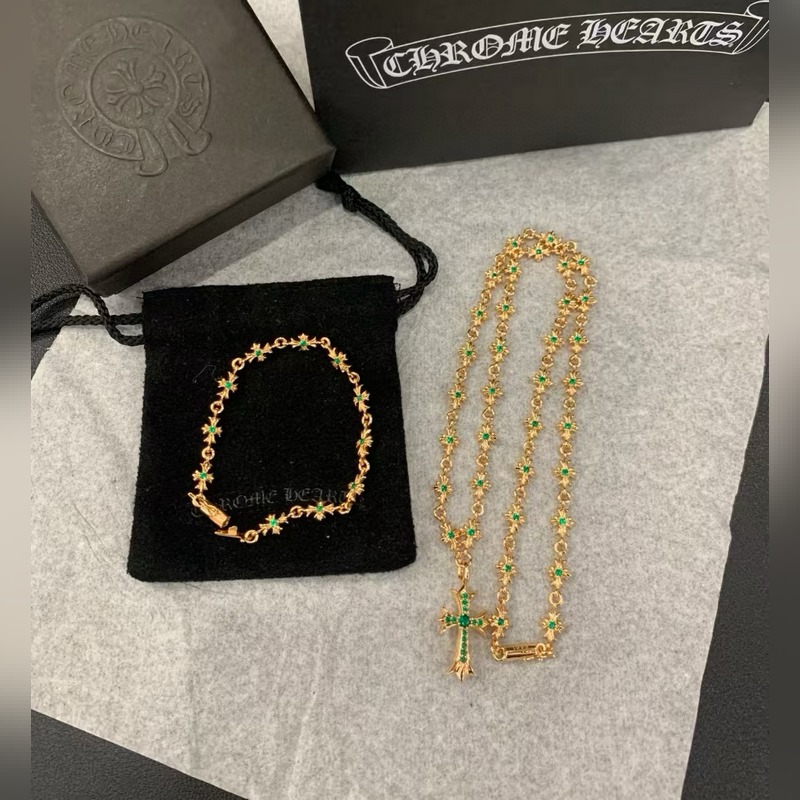 [原單對版]手鍊+項鍊 Chrome Hearts克羅心祖母綠項鍊，手鍊，凹凸造
