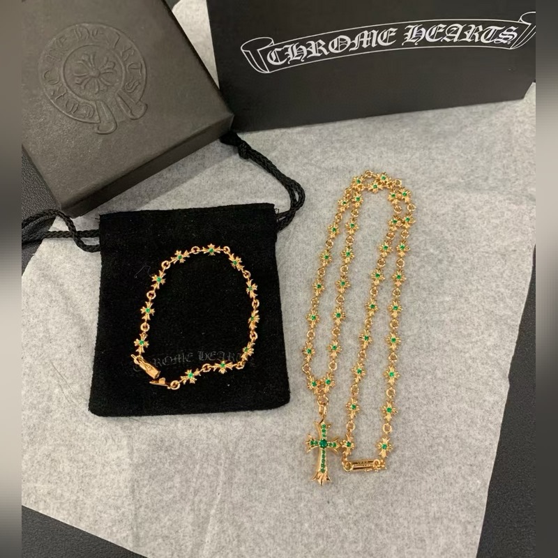 [原單對版]手鍊+項鍊 Chrome Hearts克羅心祖母綠項鍊，手鍊，凹凸造