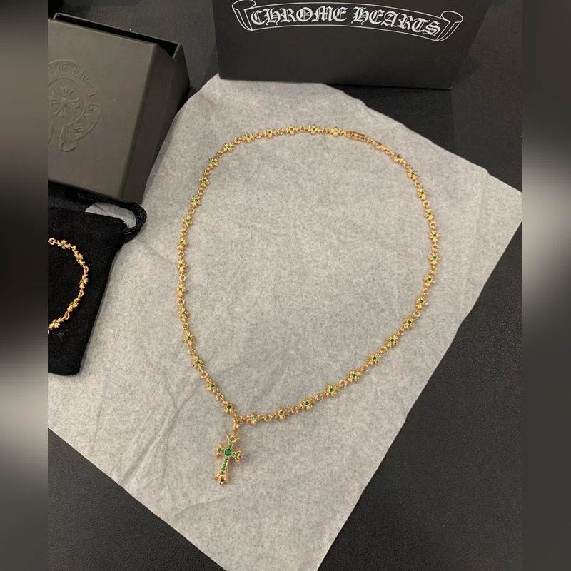 [原單對版]手鍊+項鍊 Chrome Hearts克羅心祖母綠項鍊，手鍊，凹凸造