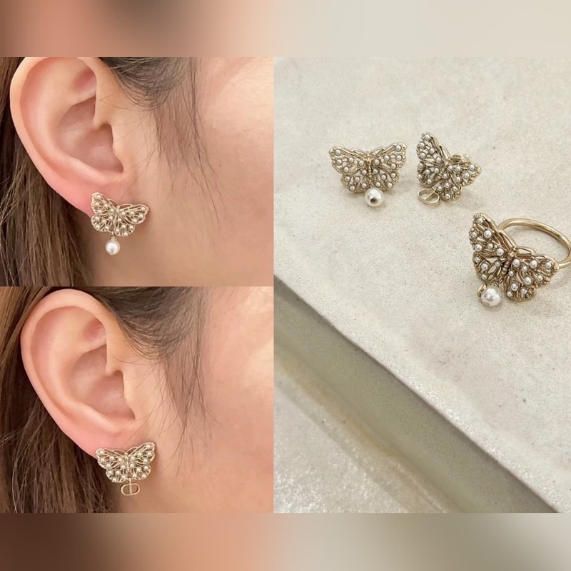 Dior 新款鏤空小米珠蝴蝶珍珠cd耳釘 小珍珠點(diǎn)綴鏤空金屬蝴蝶脈絡(luò)骨骼 不對