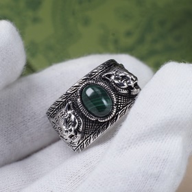 [原單對版] (配全套包裝) gucci孔雀石老虎頭戒指 Garden系列銀飾