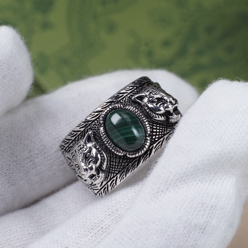 [原單對版] (配全套包裝) gucci孔雀石老虎頭戒指 Garden系列銀飾