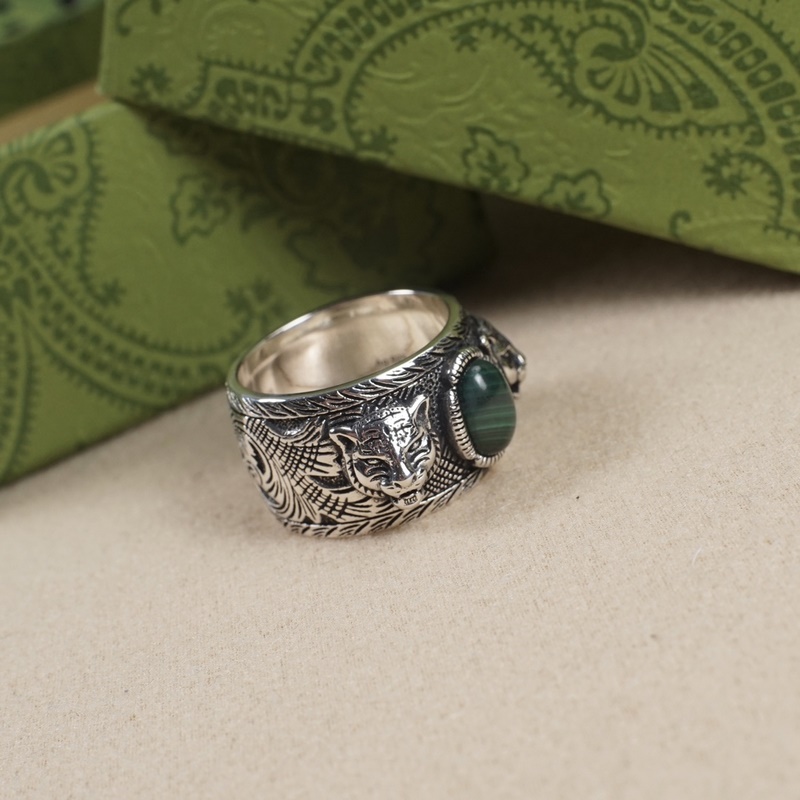 [原單對版] (配全套包裝) gucci孔雀石老虎頭戒指 Garden系列銀飾