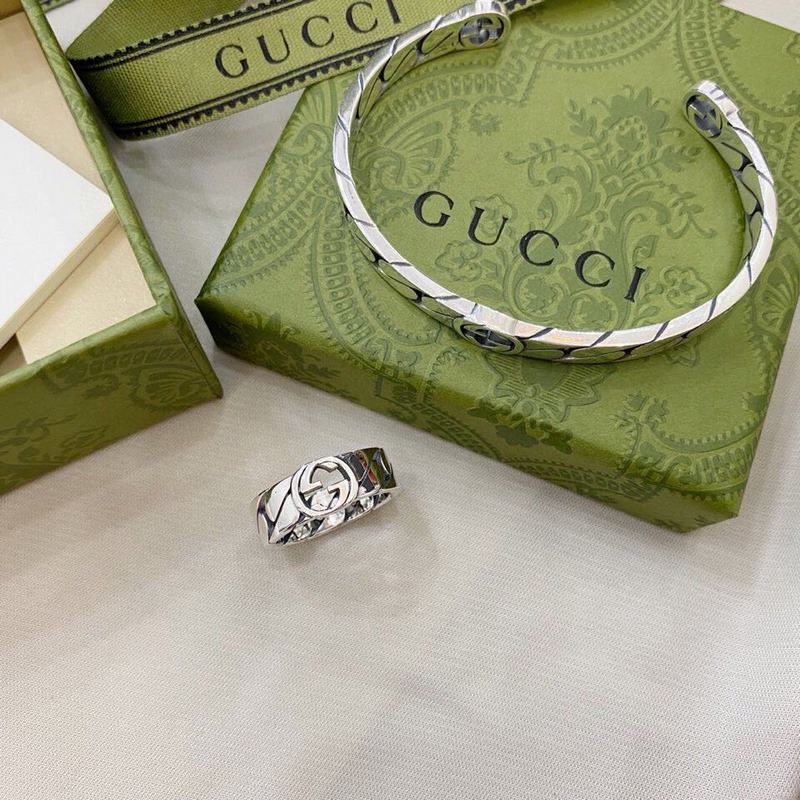 [原單對版]戒指+手鐲 Gucci古馳新款925純銀互扣式雙寬版手鐲戒指