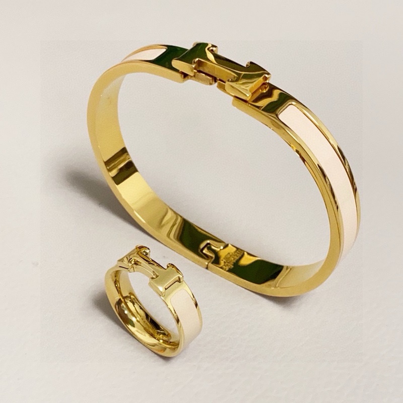 [原單對版] (配全套包裝) 愛馬仕Hermes琺瑯奶茶色黃金邊手鐲 小號迷你