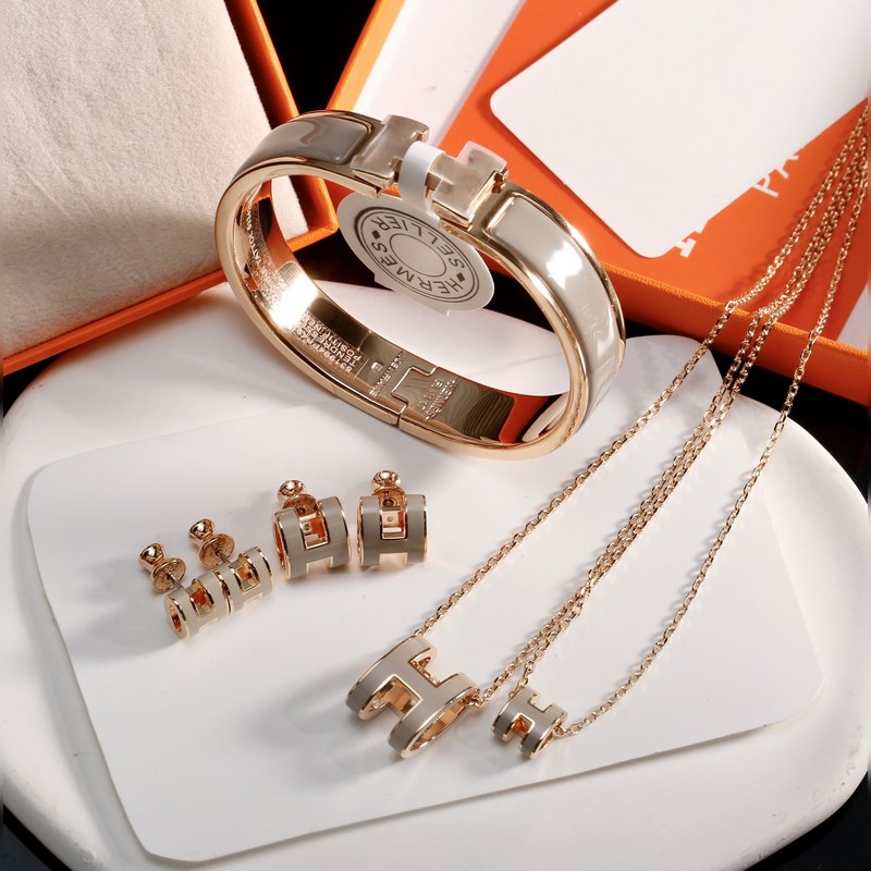 [原單對版]項鍊+手鐲 愛馬仕經典H系列套裝 手鐲 耳釘 項鍊 奶茶灰色