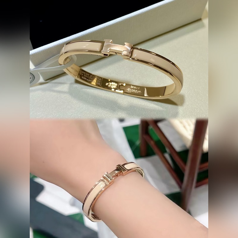 [原單對版] (配全套包裝) 愛馬仕玫瑰金奶茶色窄版手鐲