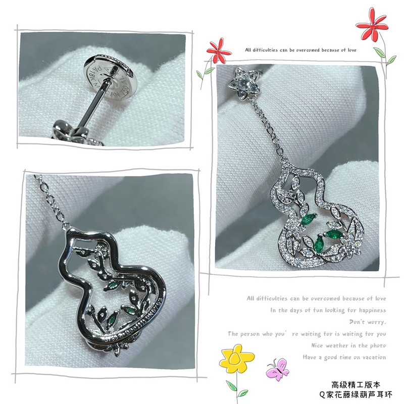 V金鍍咪金 麒麟花藤綠葫蘆耳環，佩戴Qeelin Wulu Lace蕾絲葫蘆耳