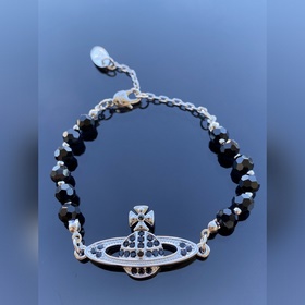 西太後手鍊 VIVIENNE WESTWOOD 土星鑲黑鑽珍珠手鍊 白金