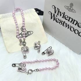 西太後淺粉色珍珠愛心別針項鍊+手鍊+耳釘套裝