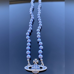 西太後項鍊 VIVIENNE WESTWOOD 土星鑲藍鑽藍色珍珠項鍊 白金