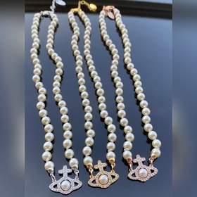 西太後項鍊 VIVIENNE WESTWOOD 土星鑲鑽珍珠項鍊 白金 黃金色