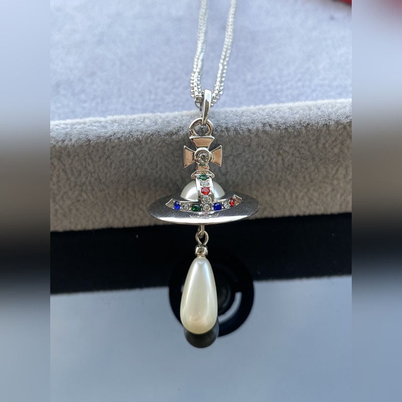 西太後項鍊 VIVIENNE WESTWOOD 土星鑲彩鑽水滴項鍊 白金