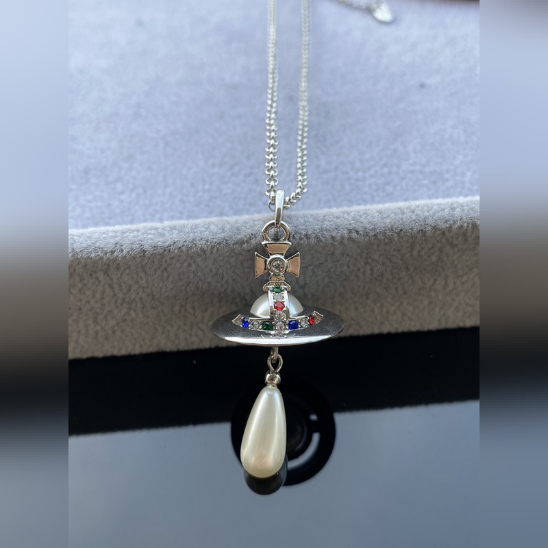 西太後項鍊 VIVIENNE WESTWOOD 土星鑲彩鑽水滴項鍊 白金