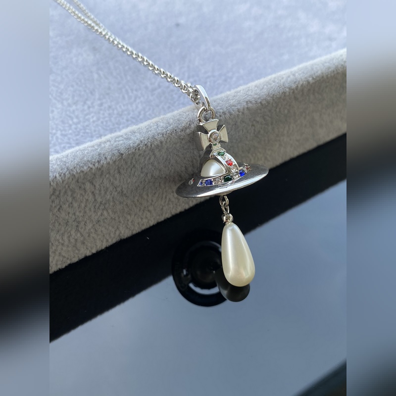 西太後項鍊 VIVIENNE WESTWOOD 土星鑲彩鑽水滴項鍊 白金