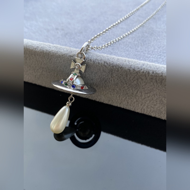 西太後項鍊 VIVIENNE WESTWOOD 土星鑲彩鑽水滴項鍊 白金