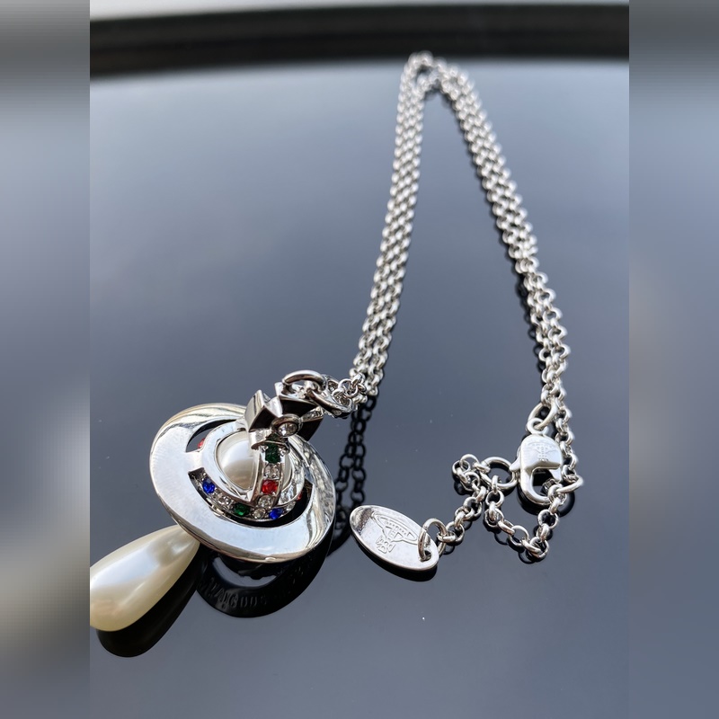 西太後項鍊 VIVIENNE WESTWOOD 土星鑲彩鑽水滴項鍊 白金