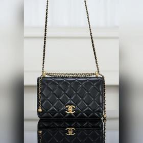 頂級進口原廠皮 所見即所得！  Chanel 25s 雙金珠鍊條woc 黑金