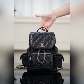 頂級進口原廠皮 所見即所得！  Chanel 25s 镂空網紗雙肩包 黑金 小