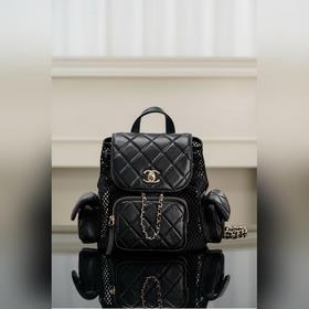 頂級進口原廠皮 所見即所得！  Chanel 25s 镂空網紗雙肩包 黑金 小