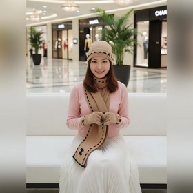 羊絨圍巾以軟糯質感包裹脖頸，黑邊與雙C LOGO交相輝映，經典編織紋路沿着圍巾延
