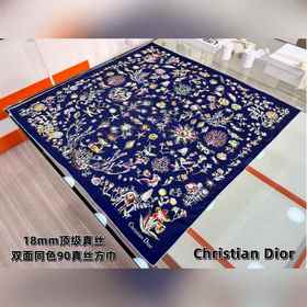 Dior 印花方巾-25早春新品[18mm雙面同色] 90 厘米海軍藍色桑蠶絲斜