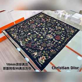 Dior 印花方巾-25早春新品[18mm雙面同色] 90 厘米黑色桑蠶絲斜紋面