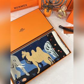 愛馬仕 伊索寓言繪本 140披肩 手工卷邊山羊絨和真絲混紡披肩(70%山羊絨，