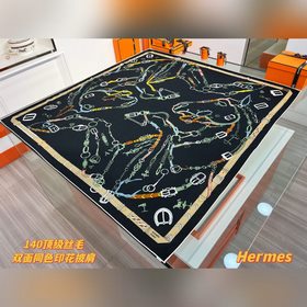 躍動的馬兒 140雙面絲毛方巾~Hermes 手工卷邊絲毛方巾(30%桑蠶絲7