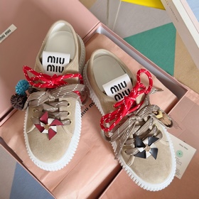 頂級版本：女款 MiuMiu缪缪 最新款 魔術貼 帆布 厚底 餅幹鞋 休閑 運動