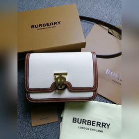 Burberry 巴寶莉TB小號雙色帆布皮革鎖扣包，版型立挺的單肩包，鎖扣裝飾