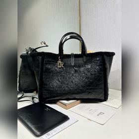 頂級原單 大號 D ior Toujours 手袋 裂紋黑拼黑毛 黑色裂紋牛皮和