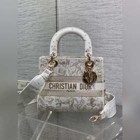 Dior LadyD-Lite白金刺繡戴妃包，中號24cm，白色帆布+金色刺繡，