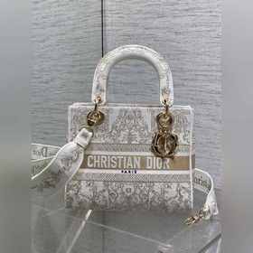 Dior LadyD-Lite白金刺繡戴妃包，中號24cm，白色帆布+金色刺繡，