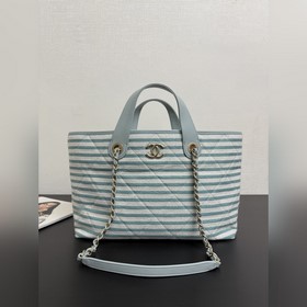 CHANEL 26C條紋編織沙灘包 牛皮 全鋼五金 尺寸：46x25x13cm