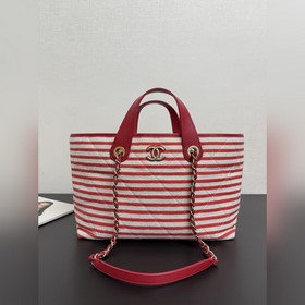 CHANEL 26C條紋編織沙灘包 牛皮 全鋼五金 尺寸：46x25x13cm