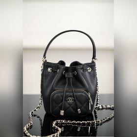 頂級進口原廠皮 所見即所得 Chanel 25B mini鍊條抽繩小水桶 黑色
