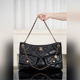 頂級進口原廠皮 所見即所得 Chanel 25k Hobo購物袋 黑金羊皮