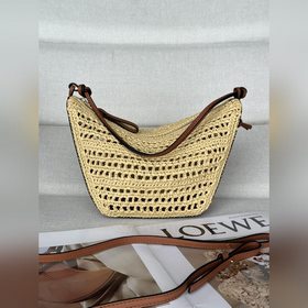 原廠 拉菲草和牛皮革 Hammock Hobo 手袋 型號923 顔色： 棕褐色