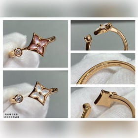V金鍍咪金 碼數：5678。 LV高級精工版方形貝母戒指 美麗的花朵在珍珠母上綻