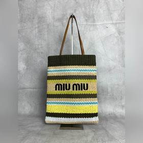 5BG248 進口拉菲草編拼綿線編織托特包，新正面标志性MiuMiu刺繡，棉布裡