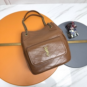 焦糖色，金扣 Ysl 複古油蠟小牛皮購物袋 原廠皮 延續Niki風格采用抓皺油臘