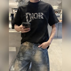 320G重磅純棉短袖男 迪奧Dior 美式潮牌提花刺繡貼布圓領T恤 尺碼：S-