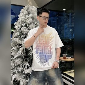 芬迪Fendi 漸變線條logo印花 重磅純棉寬松短袖T恤 奢牌男女款 尺碼：