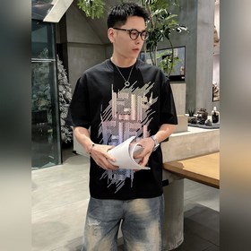 芬迪Fendi 漸變線條logo印花 重磅純棉寬松短袖T恤 奢牌男女款 尺碼：