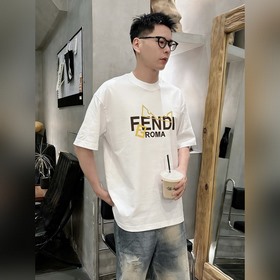 320G重磅純棉短袖男 芬迪Fendi 美式潮牌矽膠立體貼标+植絨印花圓領T恤
