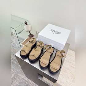 登山鞋底 帆布涼鞋 高端精品 普拉達 杏色 PRADA 大底後鐳射品牌logo