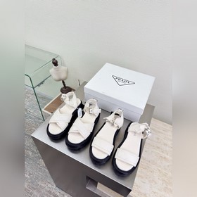 登山鞋底 帆布涼鞋 高端精品 普拉達 米白色 PRADA 大底後鐳射品牌log